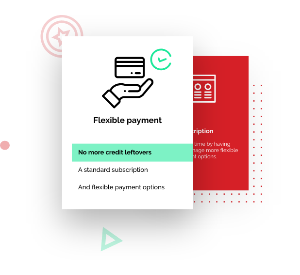 figure showing the advantages of the VONQ platform; no more credit leftovers, a standard subscription, flexible payment options