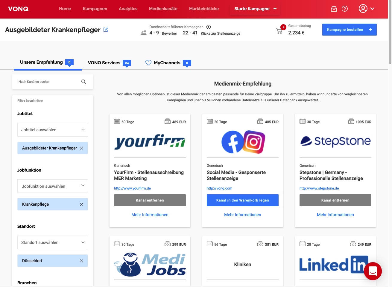 Die Kachel-Ansicht der Job Marketing Plattform mit der neuen Übersicht der einzelnen Medienkanäle.