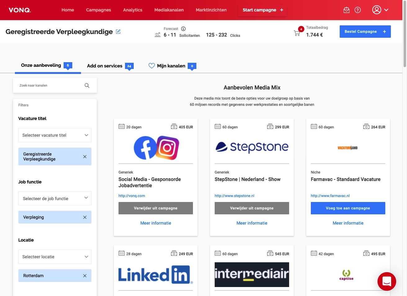 Het Job Marketing Platform marketplace overzicht met het nieuwe “kaart” overzicht van elk mediakanaal.