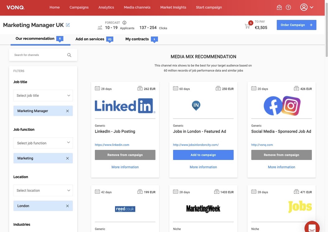 Display of the marketplace tiles in Job Marketing Platform.