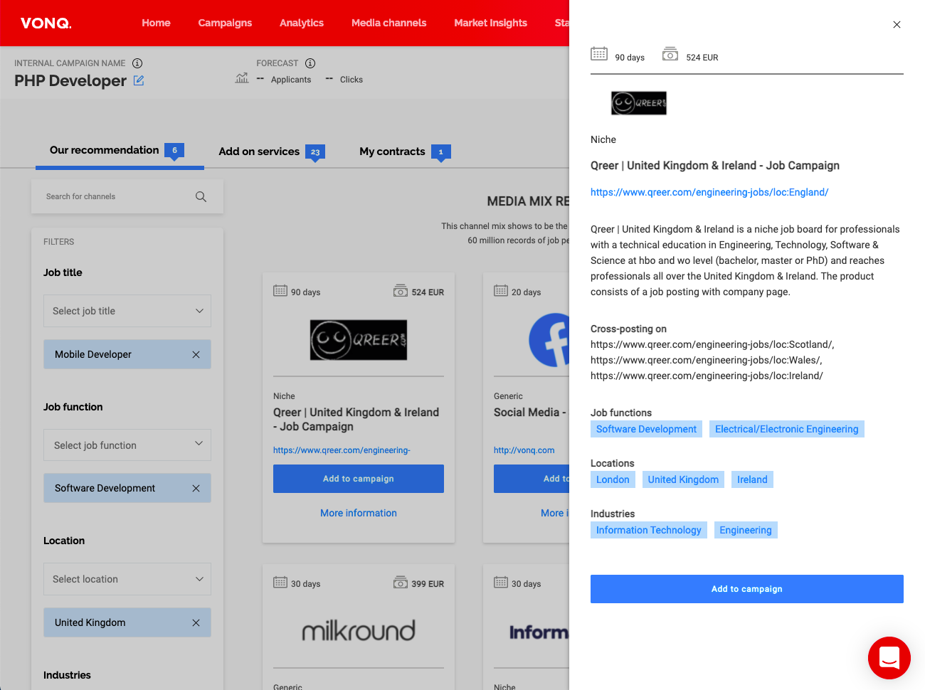 Presentation of detailed information about each channel in Job Marketing Platform.